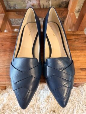 Cole Haan Navy Pointed Leather Knot-Detail Flats